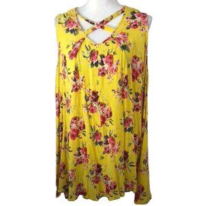 Umgee Women's Yellow Floral Sleeveless Swing Dress Size Large Keyhole Back
